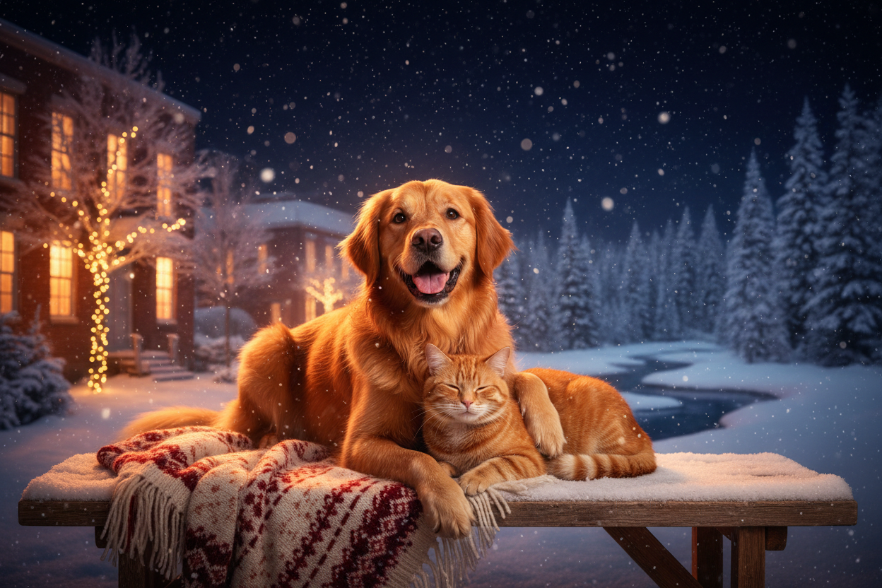 Image nocturne chien et chat sous la neige